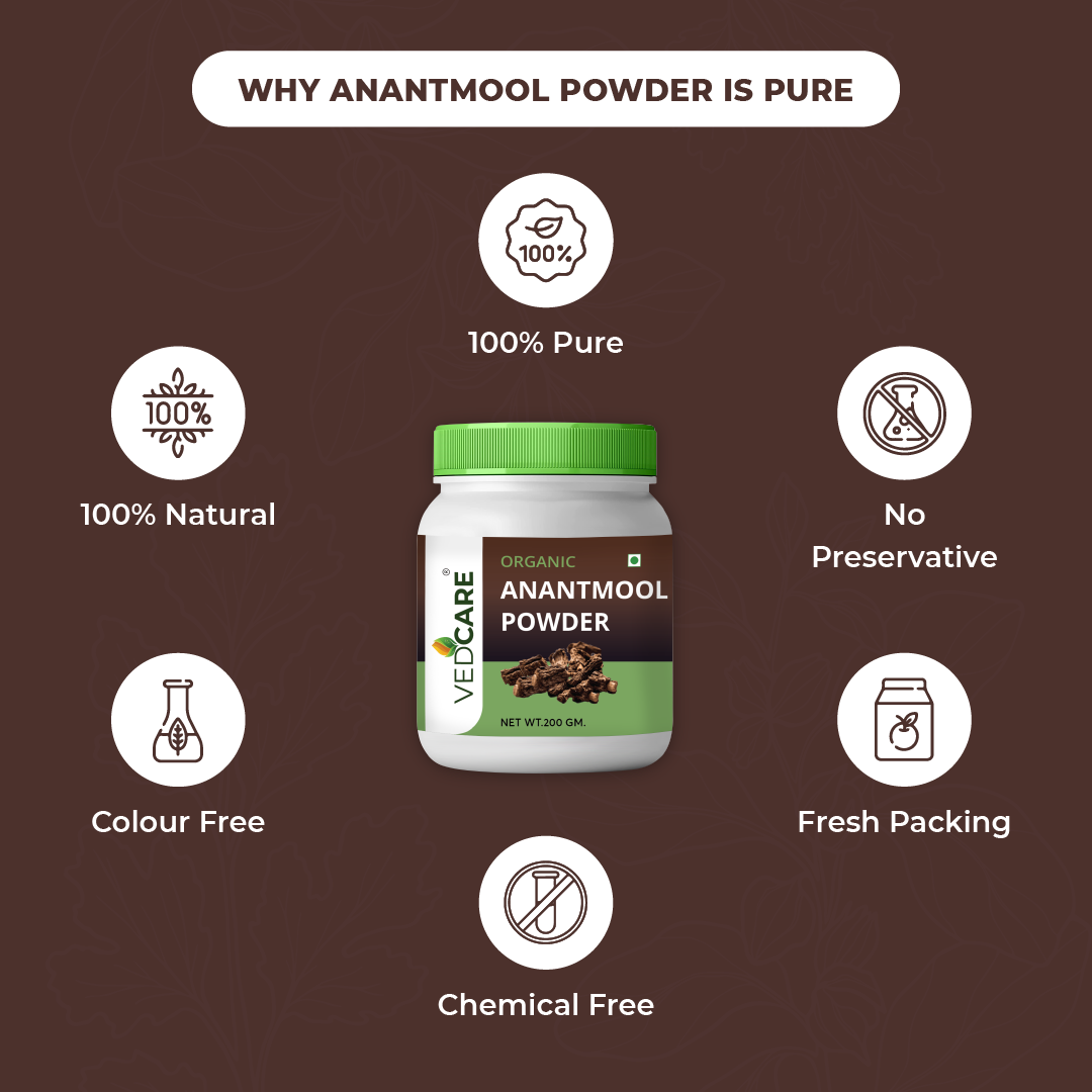 Vedicare Nagarmotha Powder jar with health benefits on a brown background