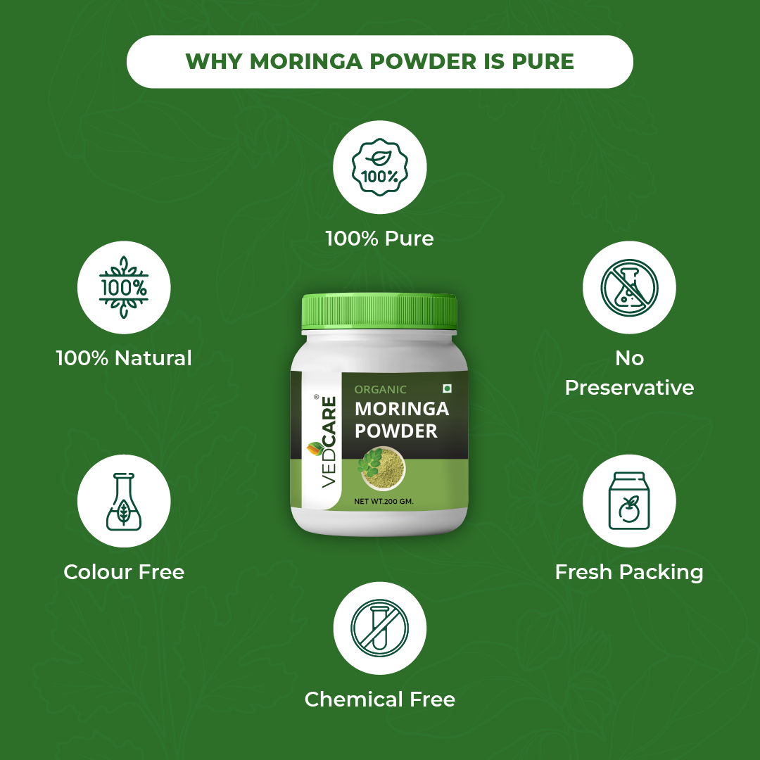 Vedcare Moringa Powder jar with health benefits on a green background
