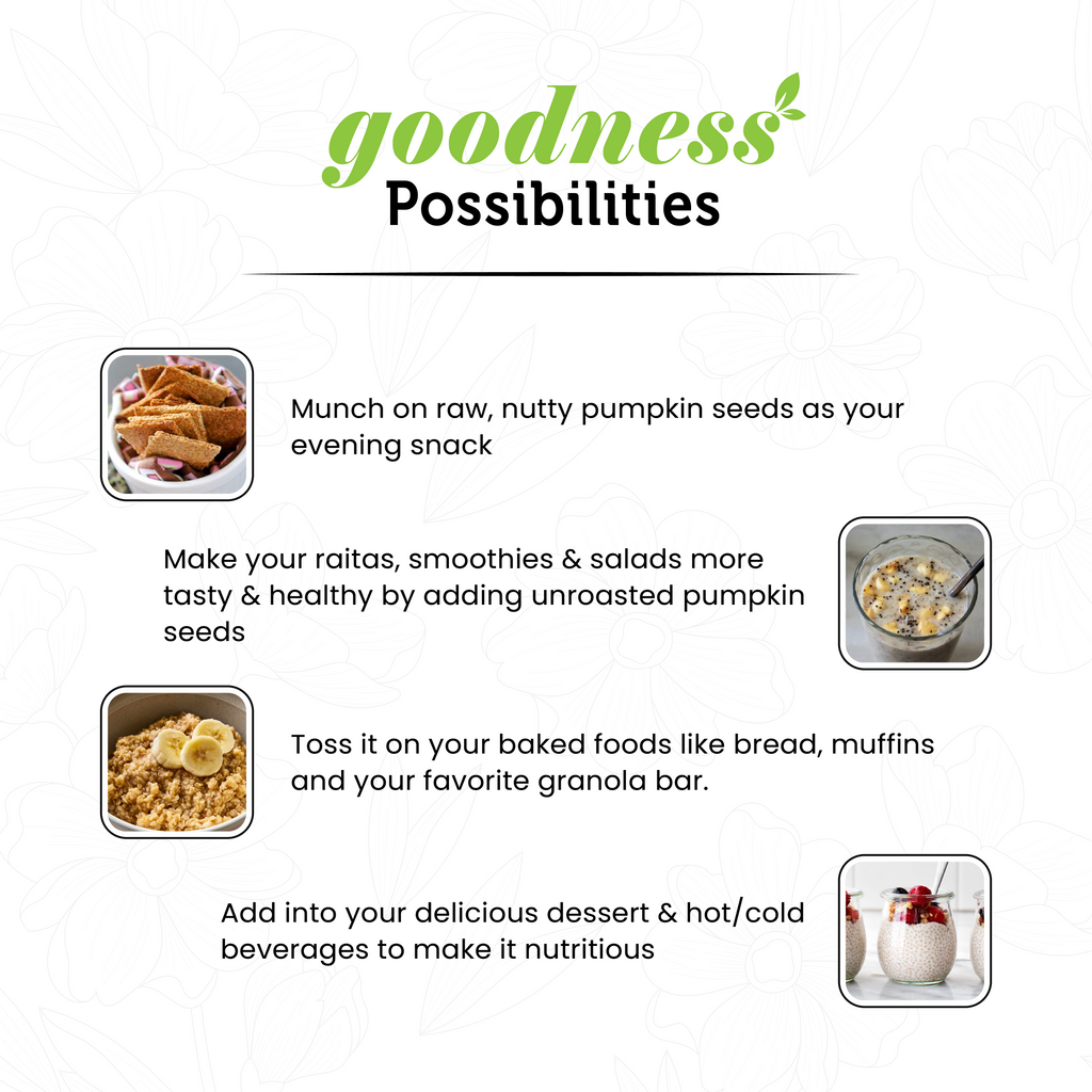 Promotional graphic for pumpkin seeds with text and images of pumpkin seed dishes.