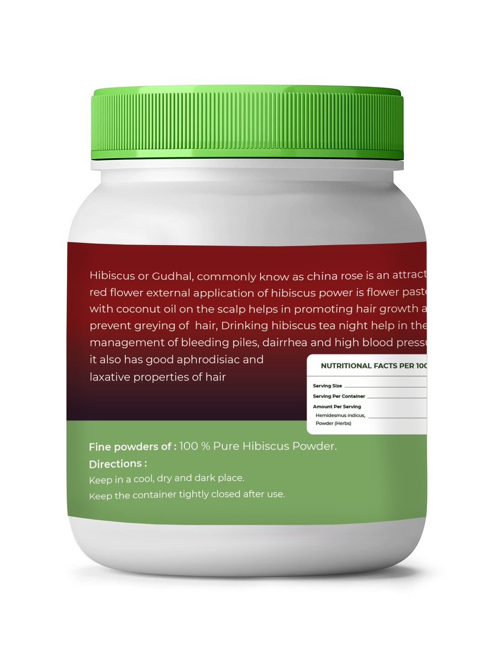 Jar of hibiscus powder with green lid and label on a white background