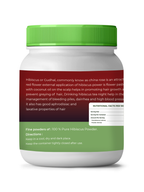 Jar of hibiscus powder with green lid and label on a white background