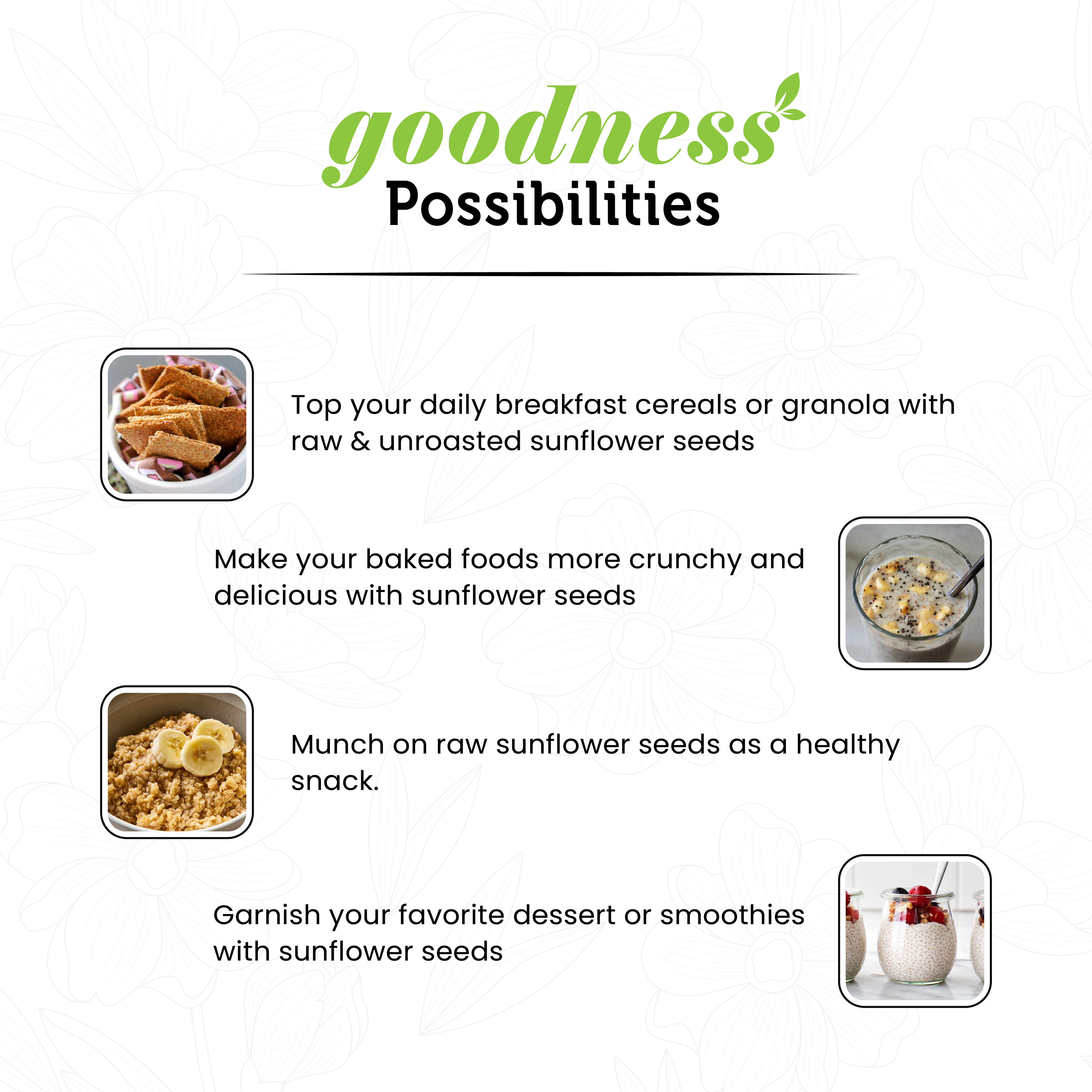 Promotional graphic for sunflower seeds with text and images of food items.