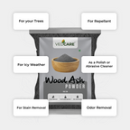 Vedcare wood ash powder packaging with usage instructions on a gray background