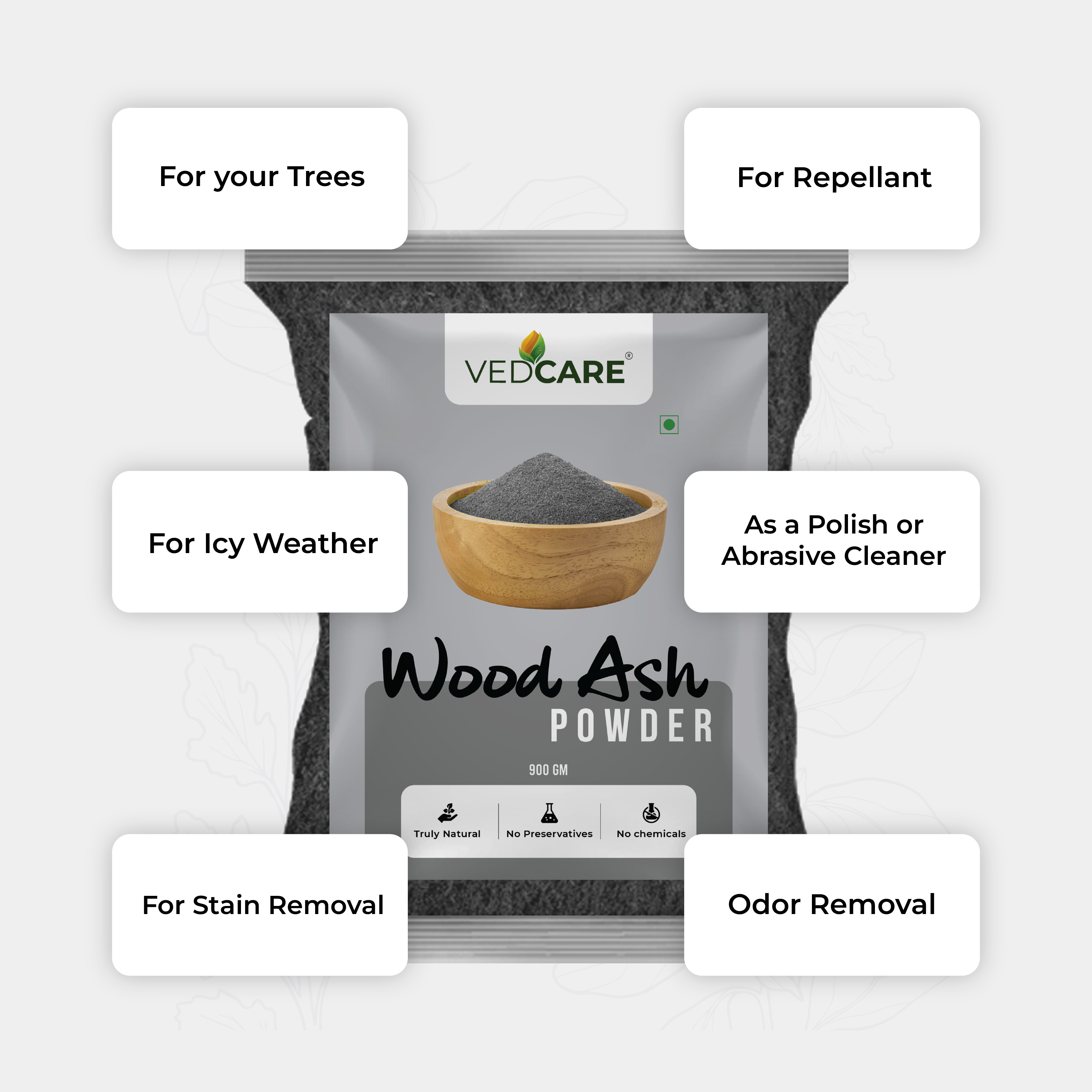 Vedcare wood ash powder packaging with usage instructions on a gray background