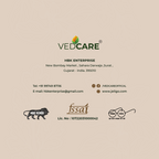Vedcare business card with contact information and logos on a beige background