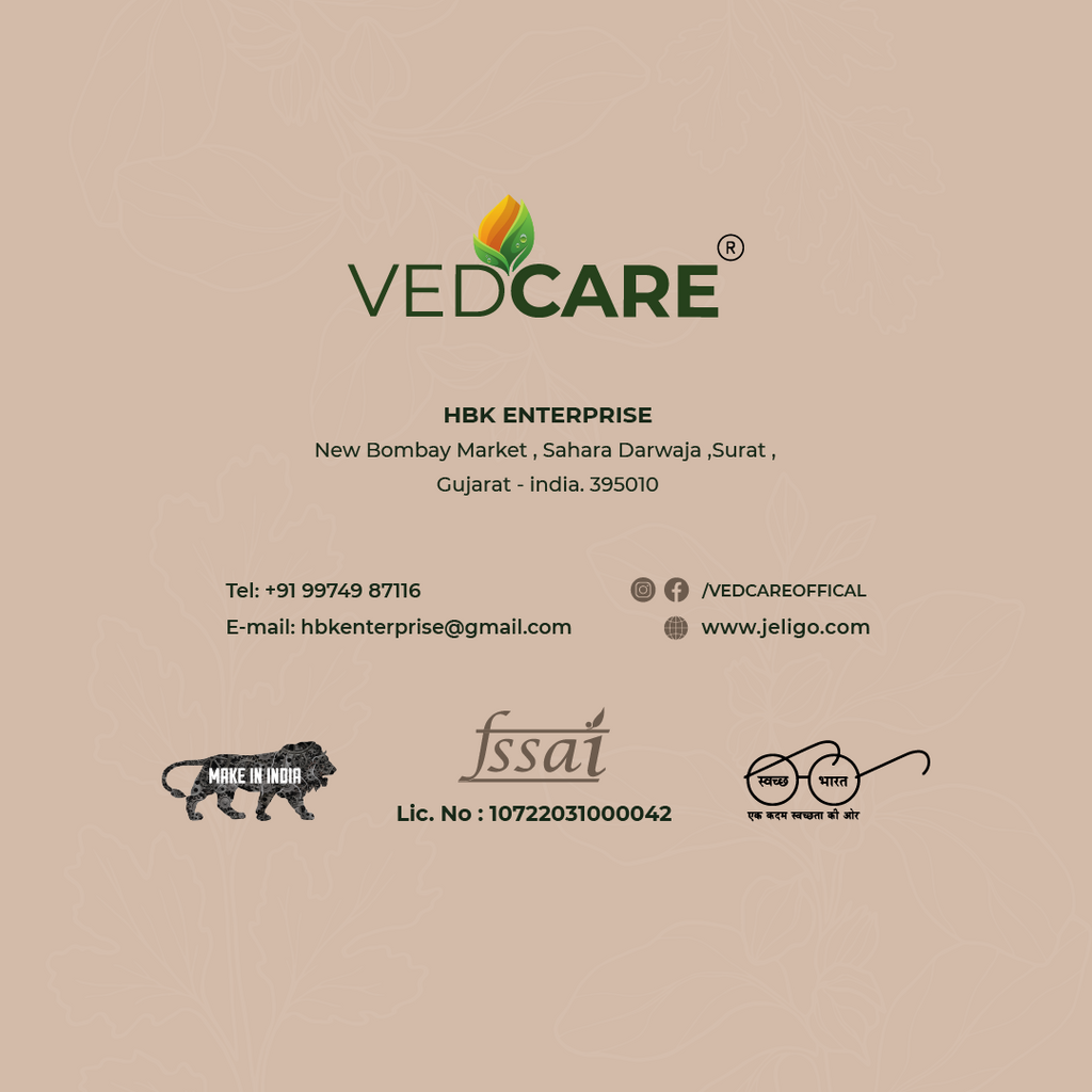 Vedcare branding and contact information on a beige background