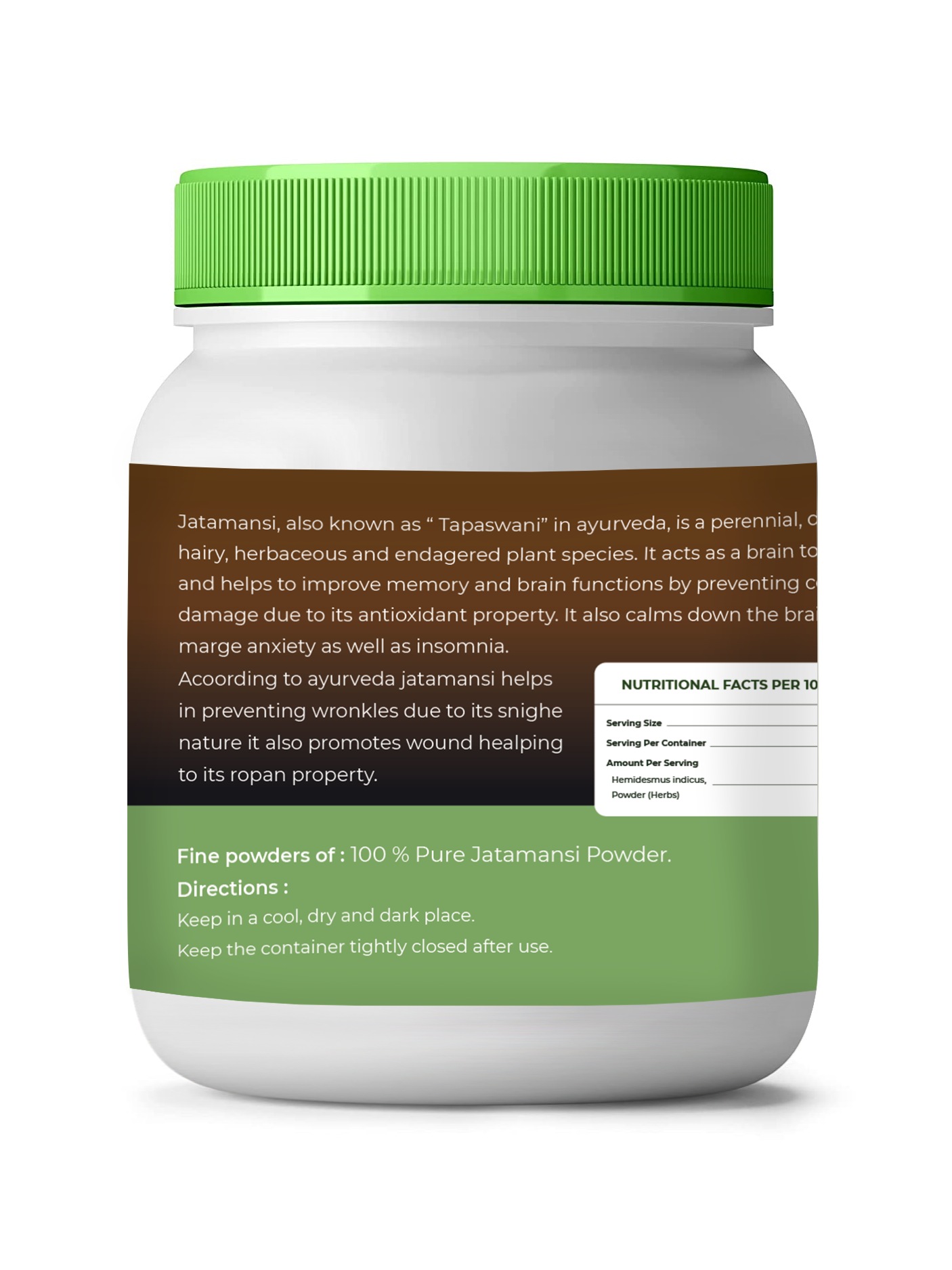Jar of Jatamansi powder with green lid and label on a white background