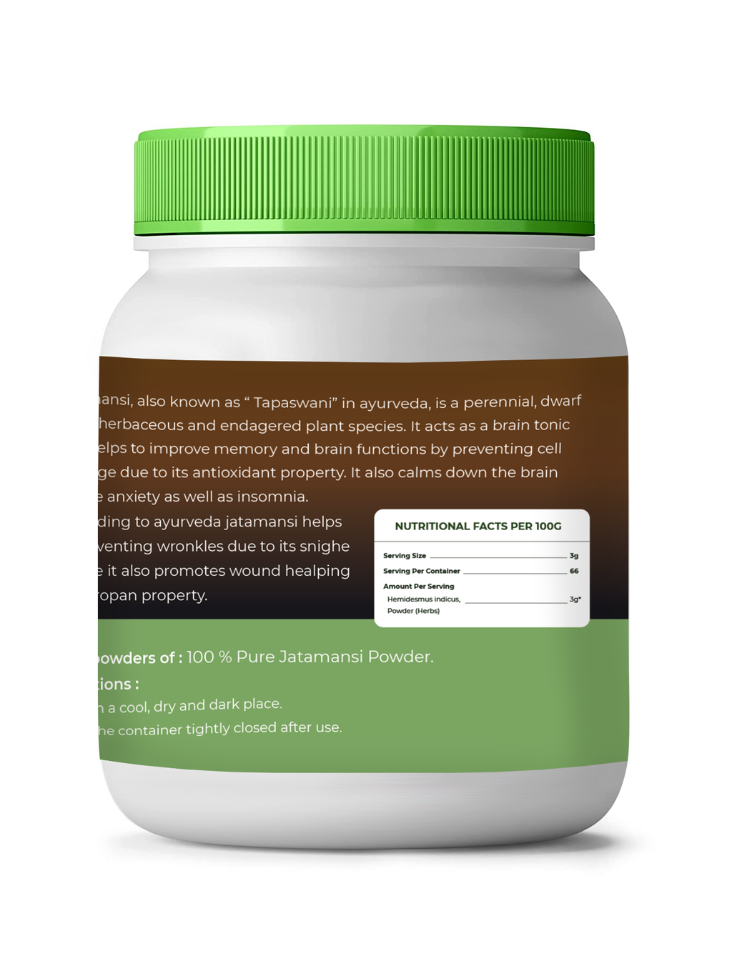 White container with green lid and label on a white background