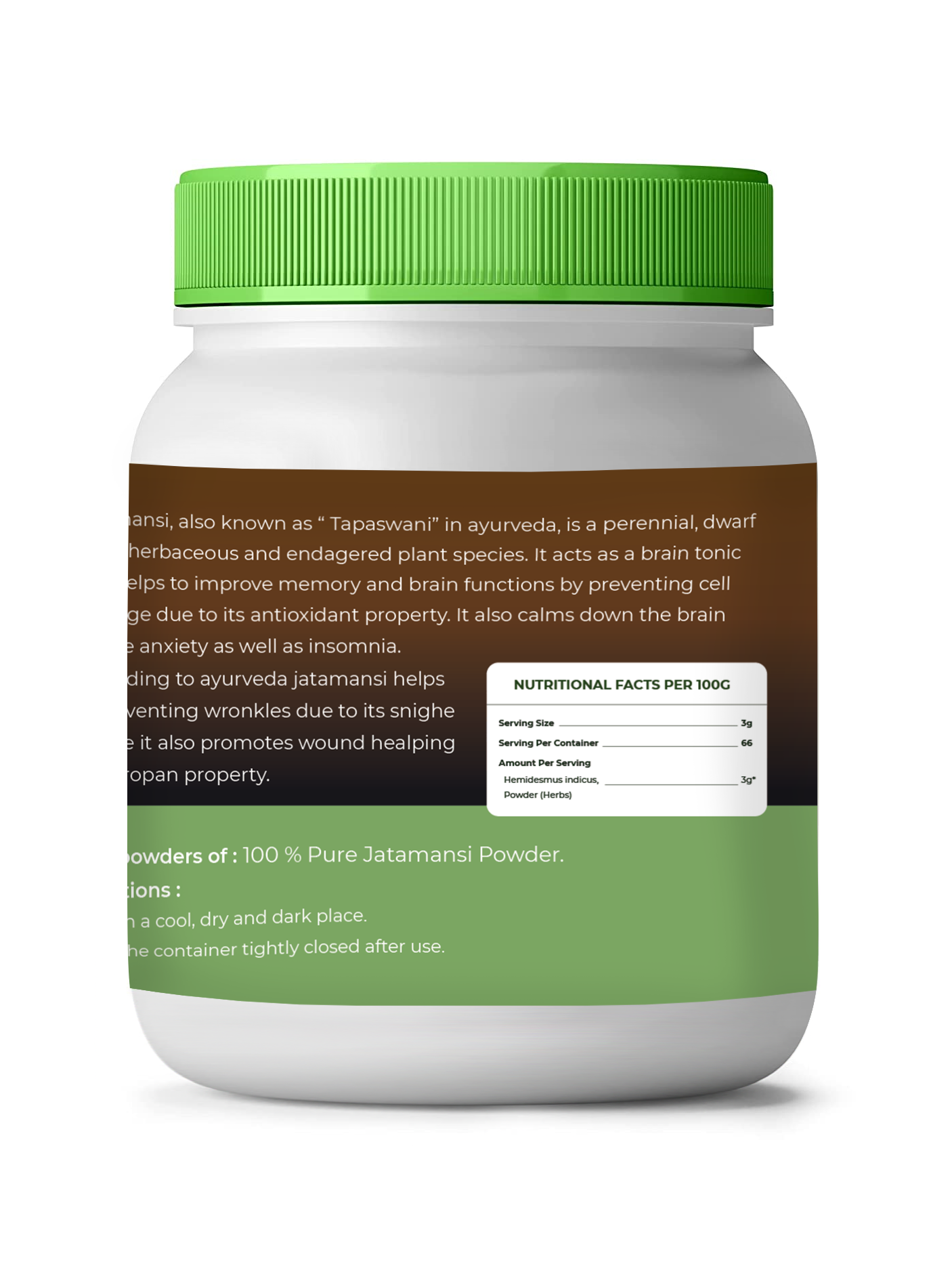 White container with green lid and label on a white background