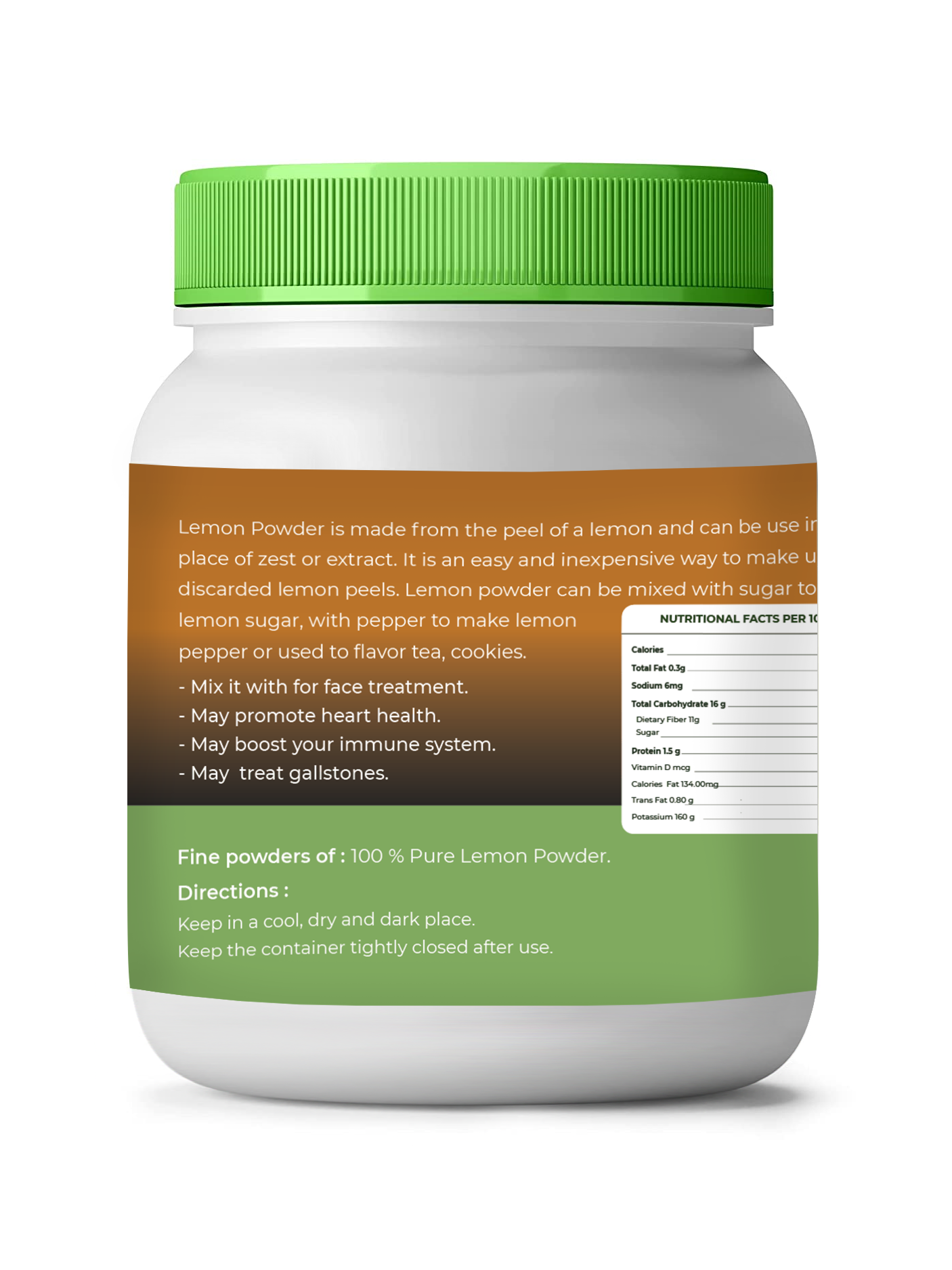 Jar of lemon powder with green lid and label on a white background