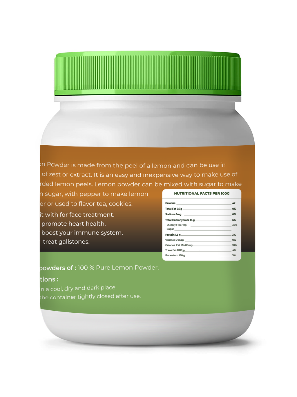 Container of lemon powder with green lid and label on a white background