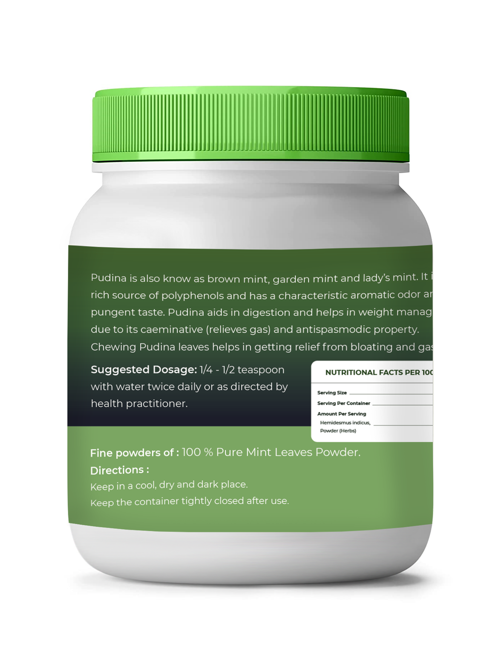 White container with green lid and label on a white background