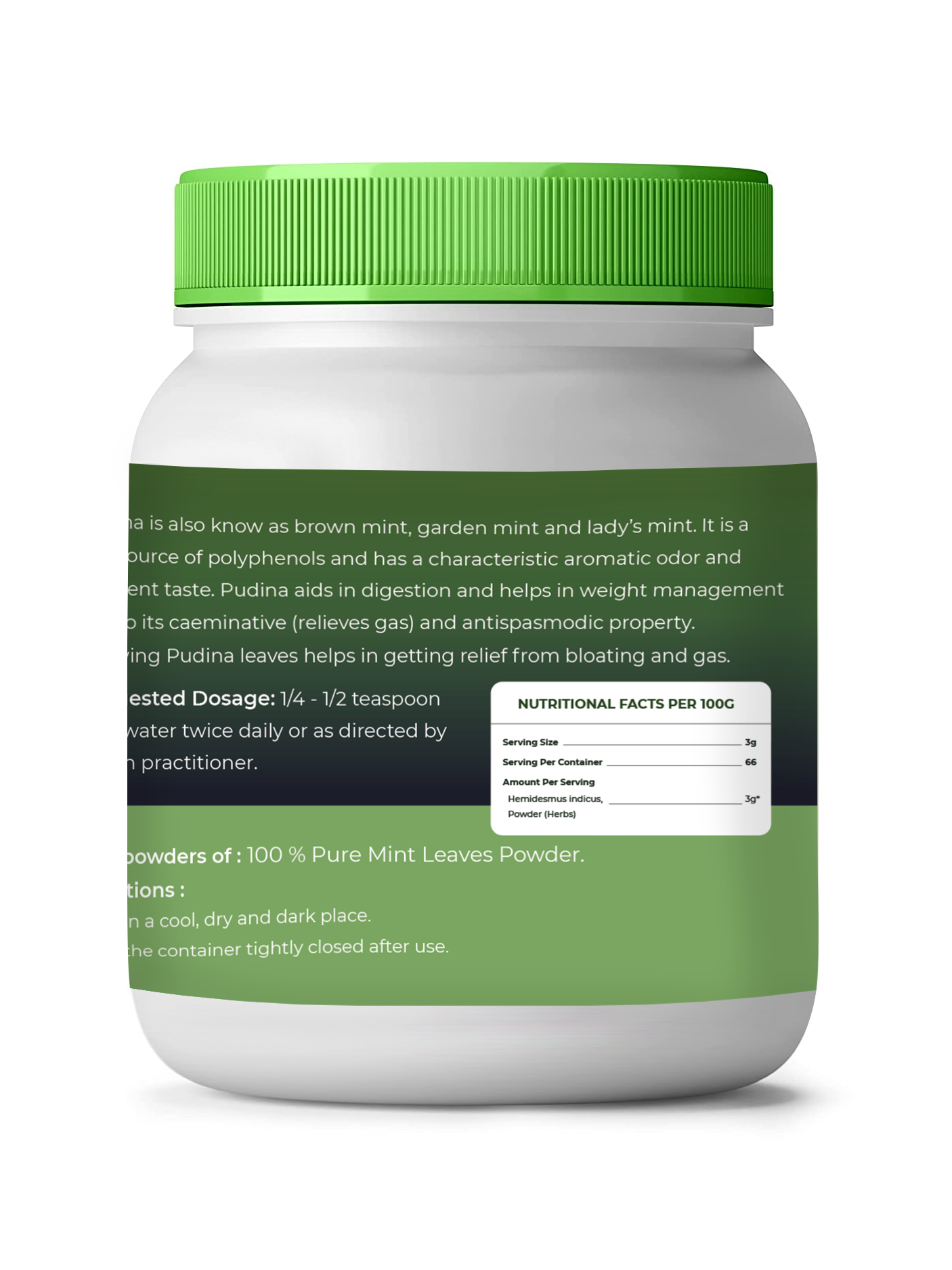 Green and white container with text and a label on a white background