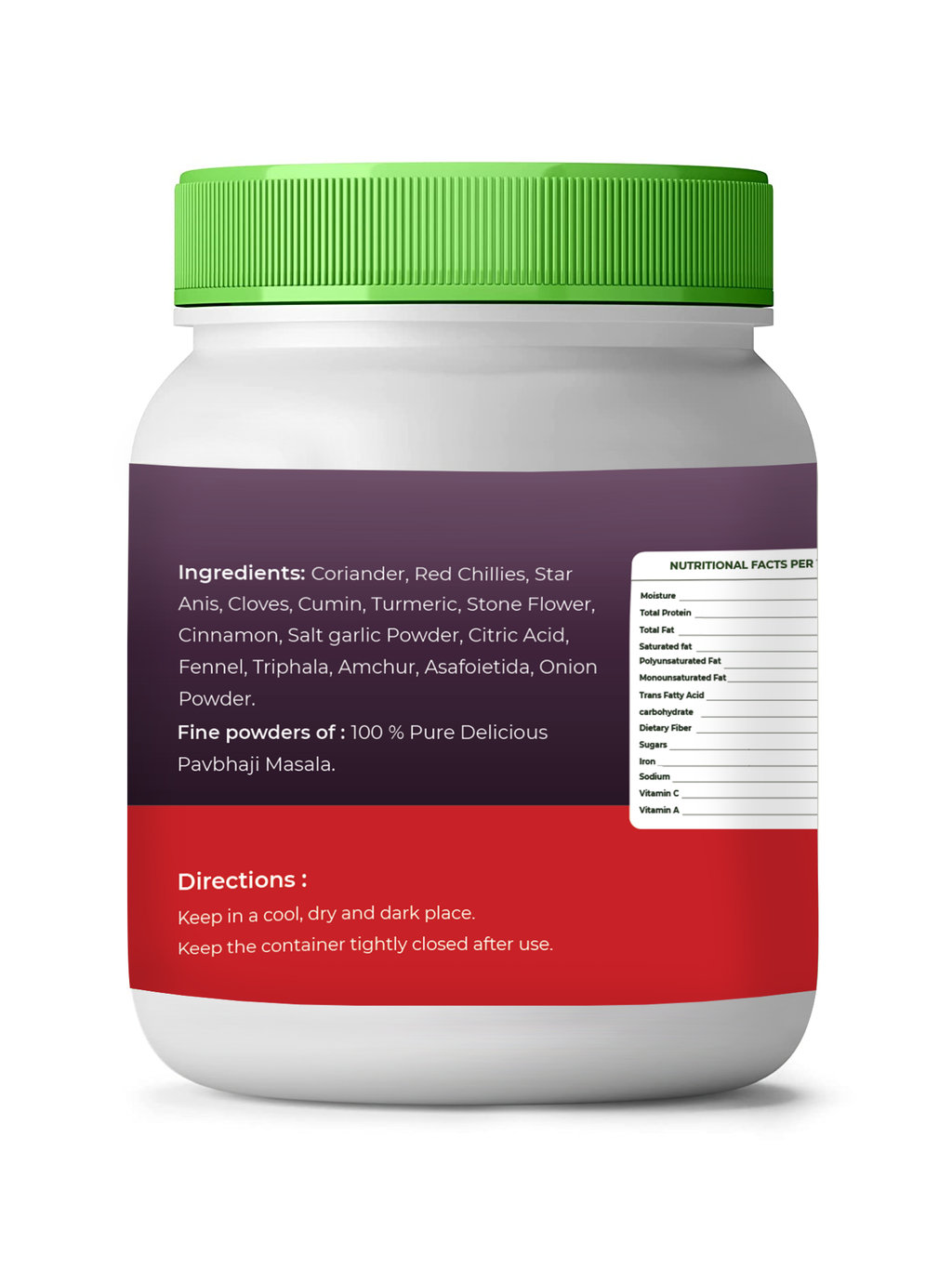 Container of  vedcare Pavbhaji Masala with green lid and multicolored label on a white background