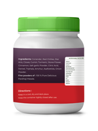 Container of  vedcare Pavbhaji Masala with green lid and multicolored label on a white background