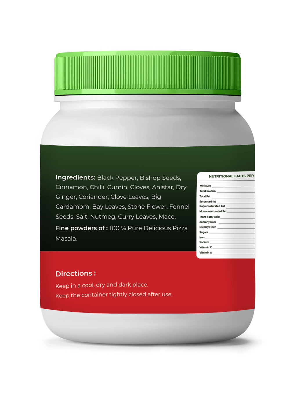 Container of vedcare pizza masala with green lid and multicolored label on a white background