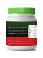 Container of vedcare pizza masala with green lid and multicolored label on a white background