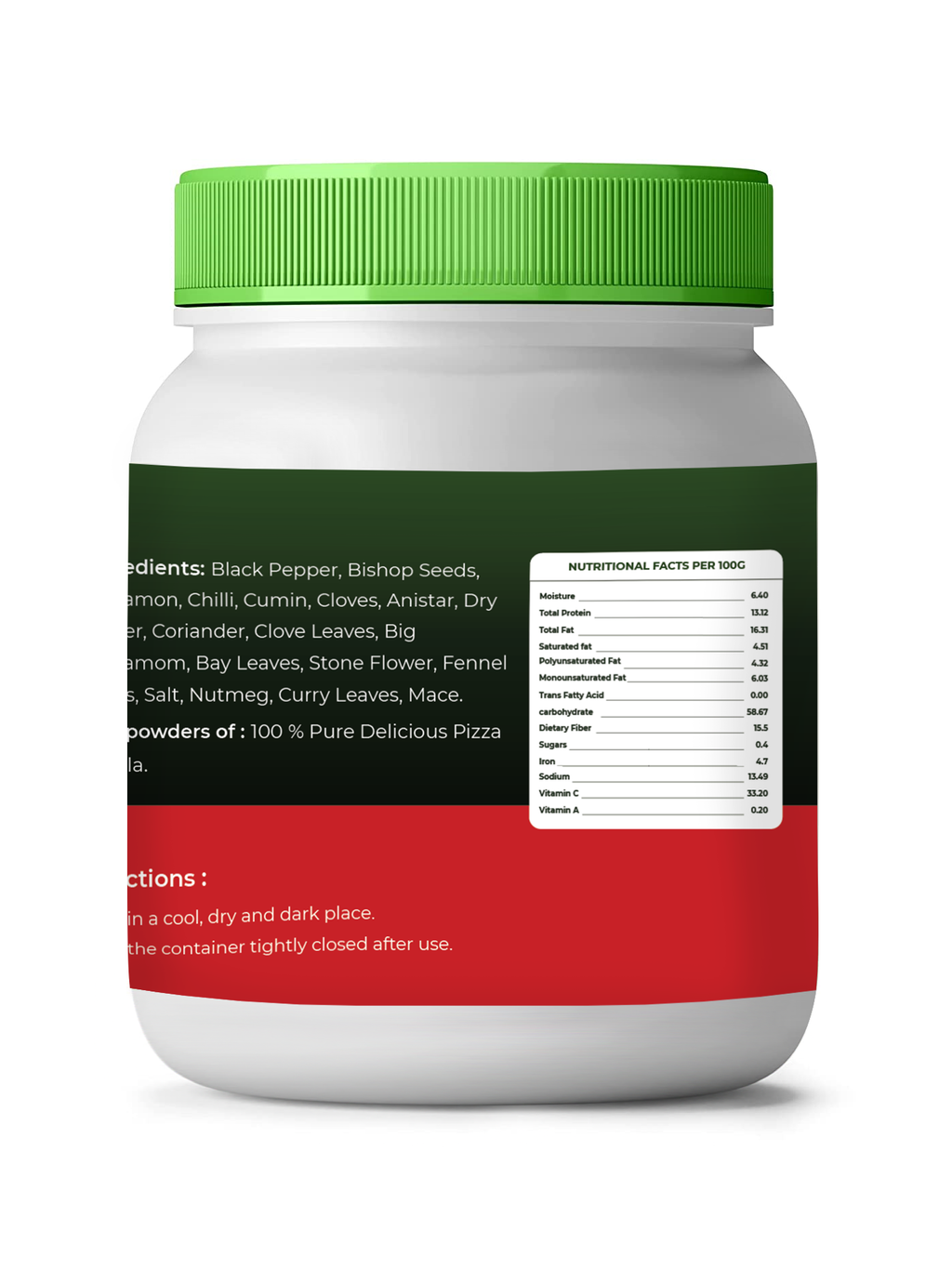 White container with green lid and red label on a white background
