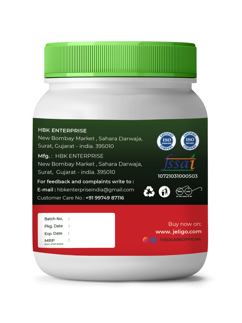 vedcare pizz masala Container with green lid and multicolored label on a white background
