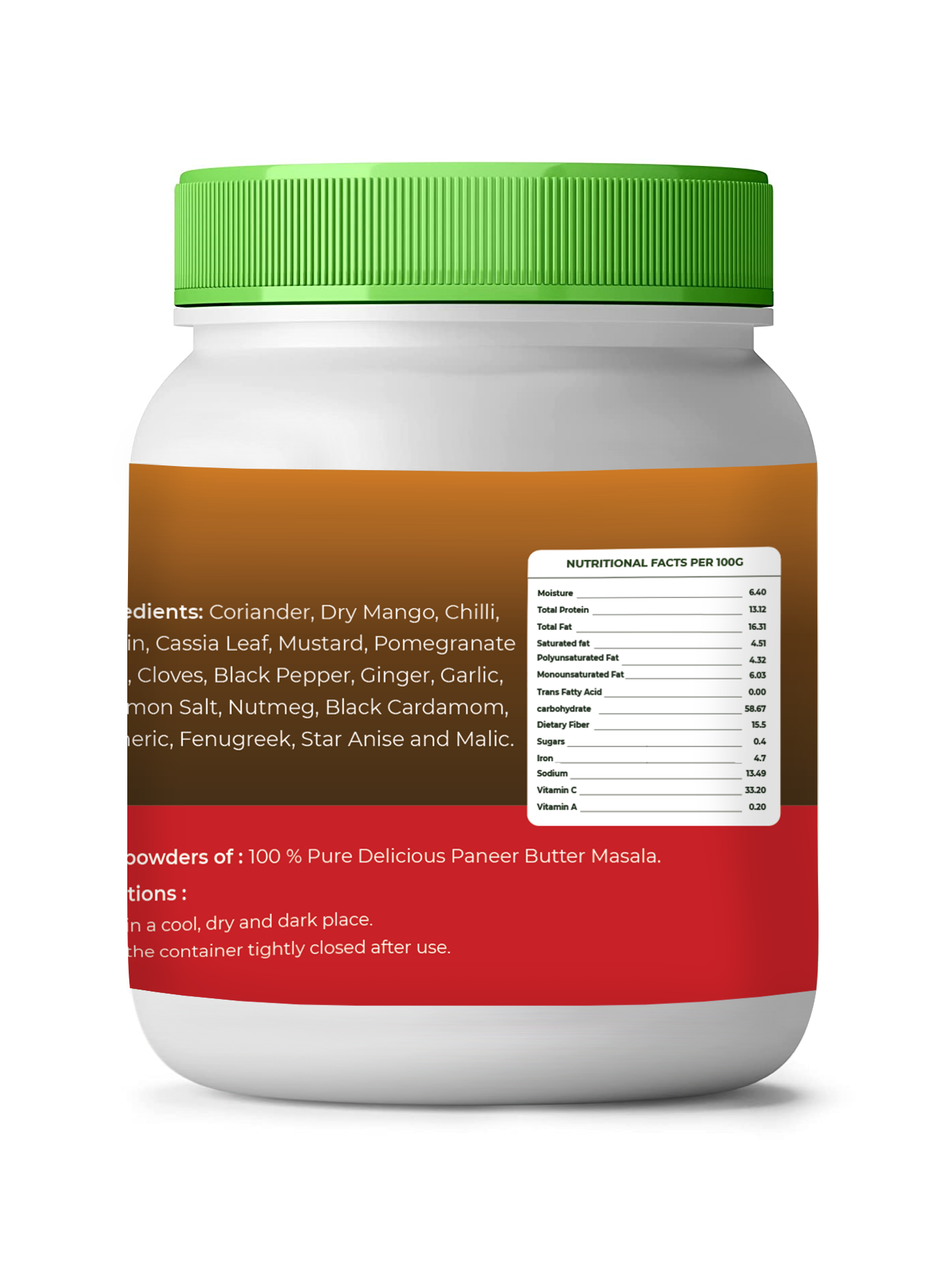 Container of vedcare paneer butter masala with a green lid and red label on a white background
