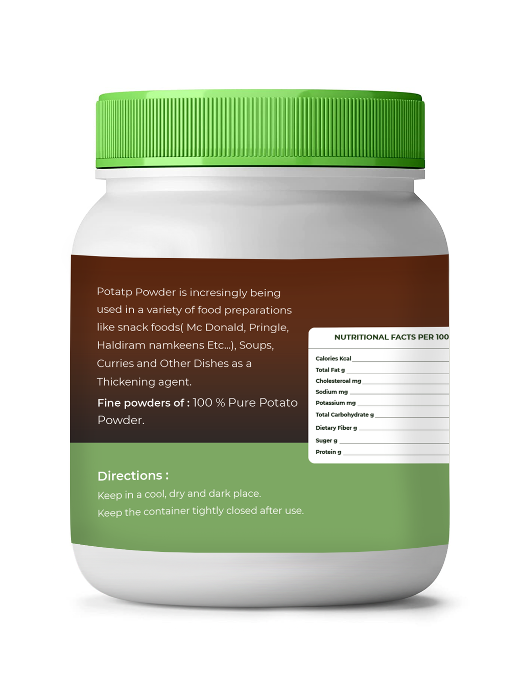 Jar of vedcare potato powder with green lid and label on a white background