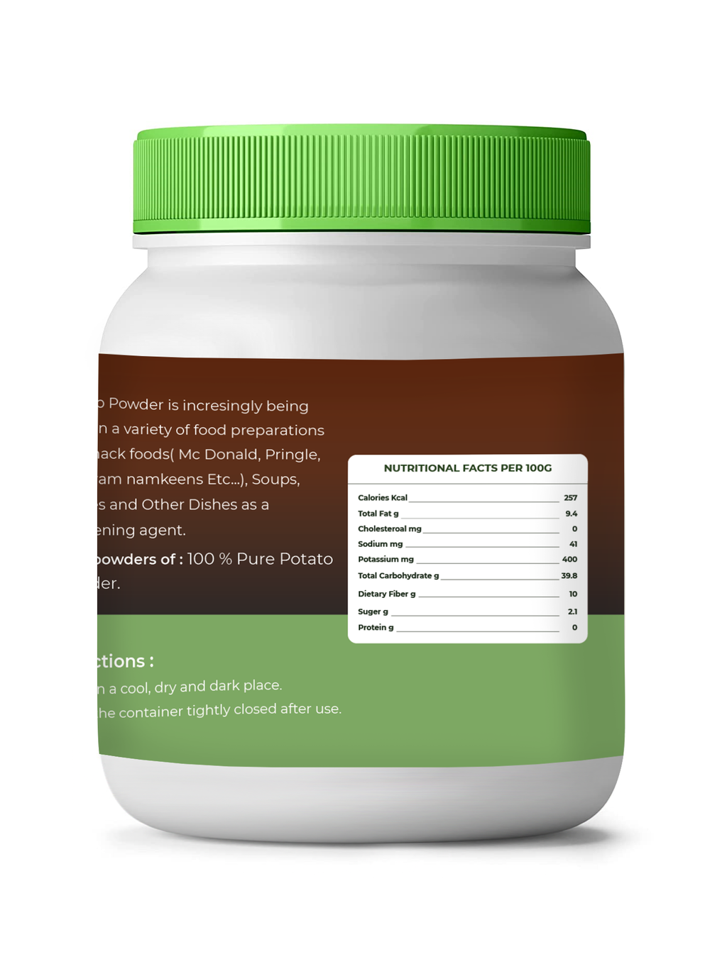 Container with green lid and label on a white background