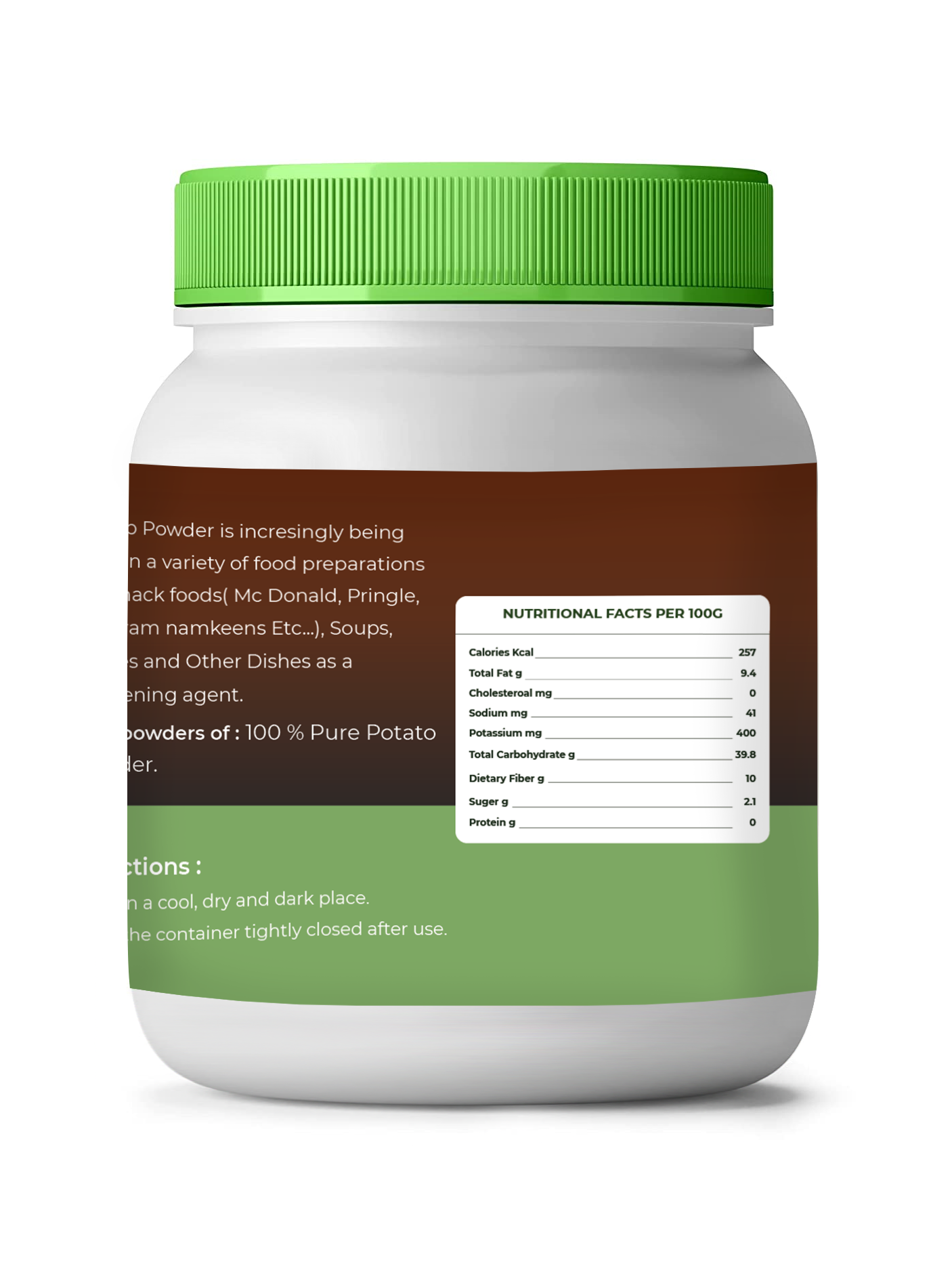 Container with green lid and label on a white background