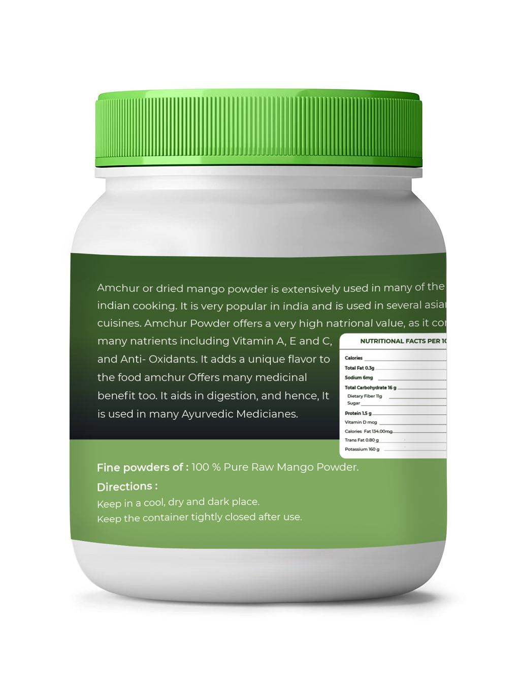 Container of vedcare Amchur powder with green lid and label on a white background