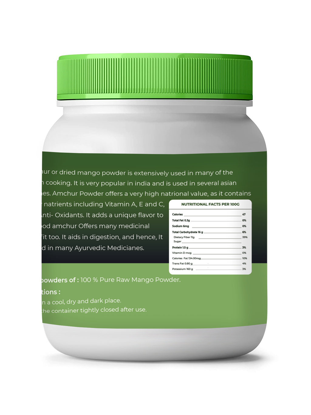 Container of vedcare mango powder with green lid and label on a white background