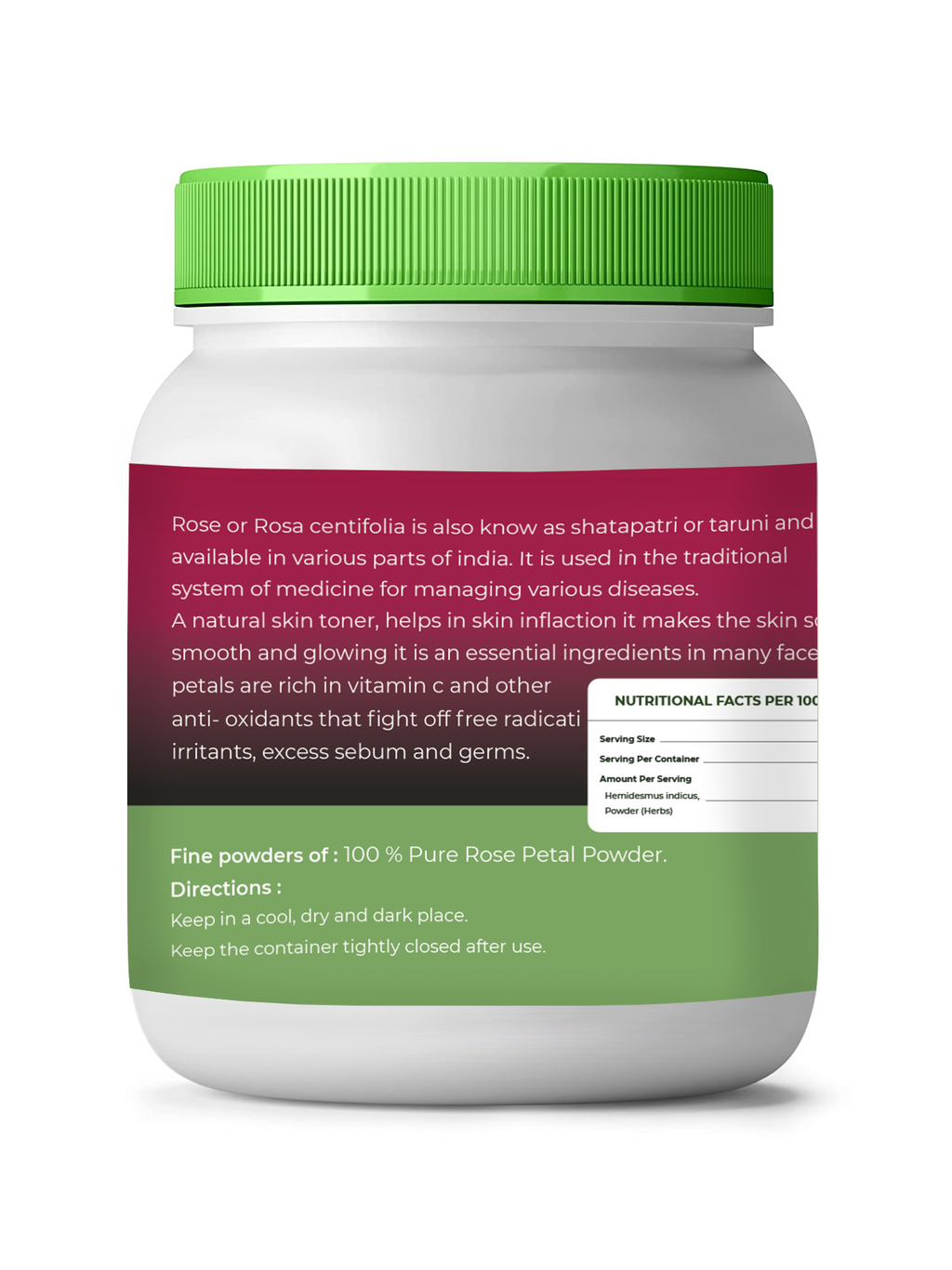 Container of rose petal powder with green lid and label on a white background
