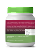 Container of rose petal powder with green lid and label on a white background