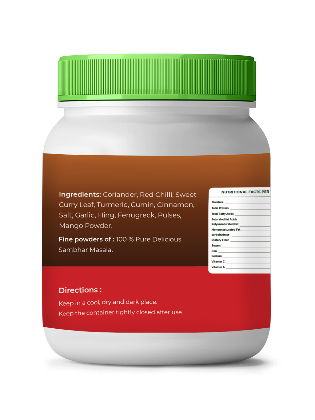 Container of vedcare Sambhar Masala with green lid and multicolored label on a white background