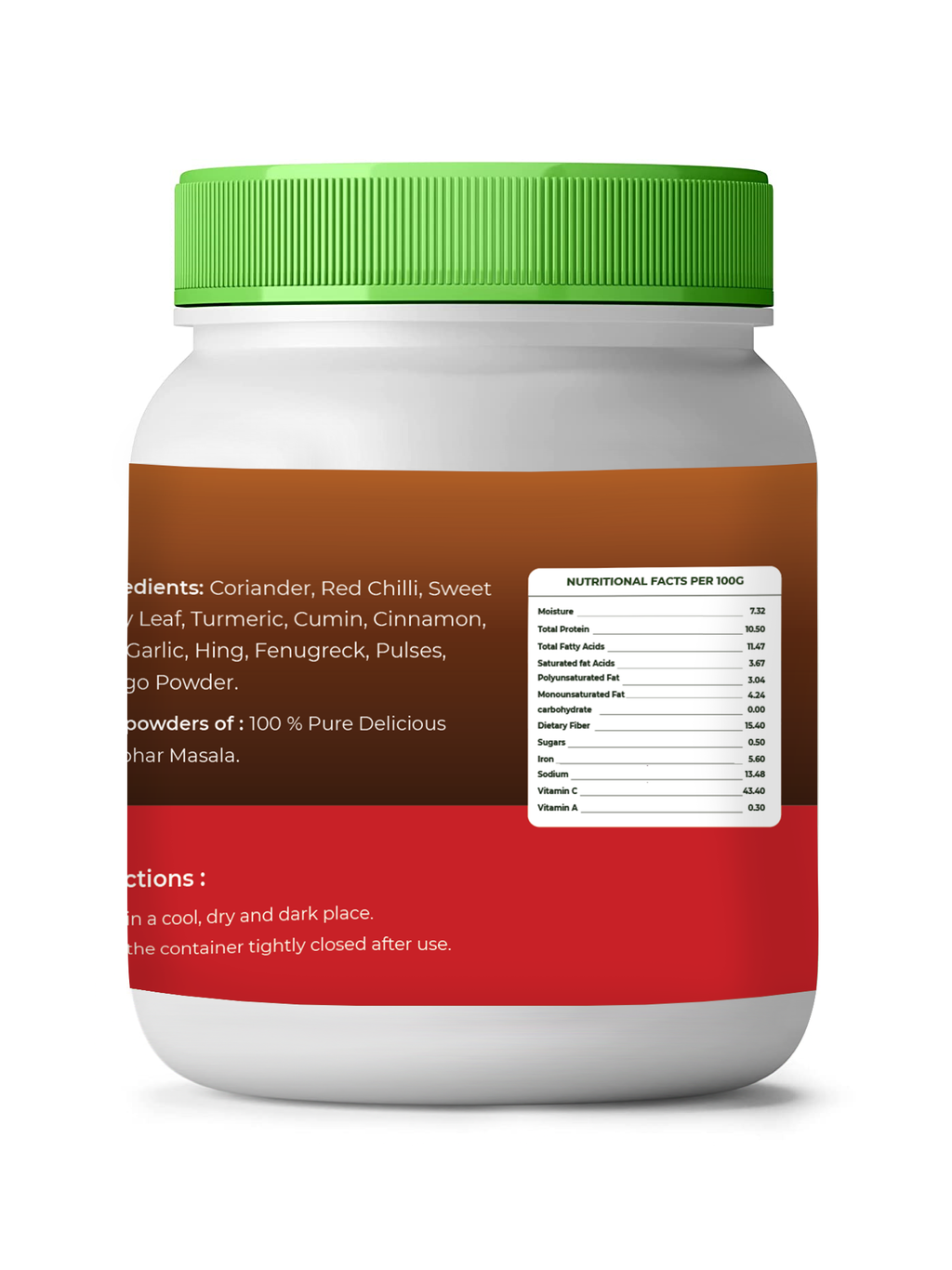 vedcare sambhar masala Container with a green lid and multicolored label on a white background