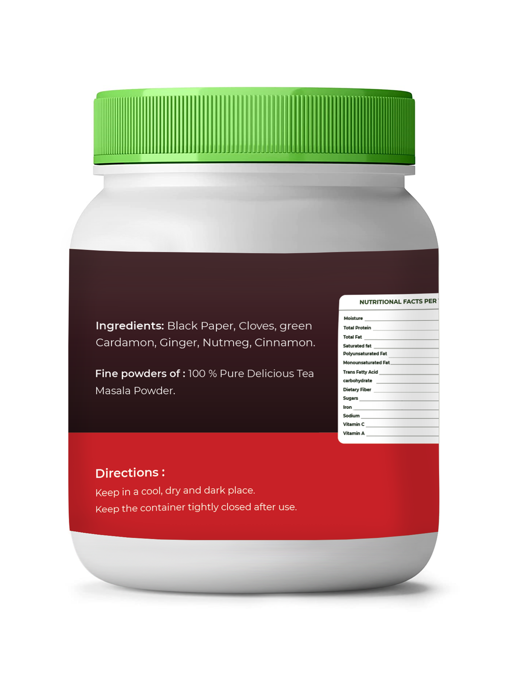 vedcare tea masala White container with green lid and red label on a white background