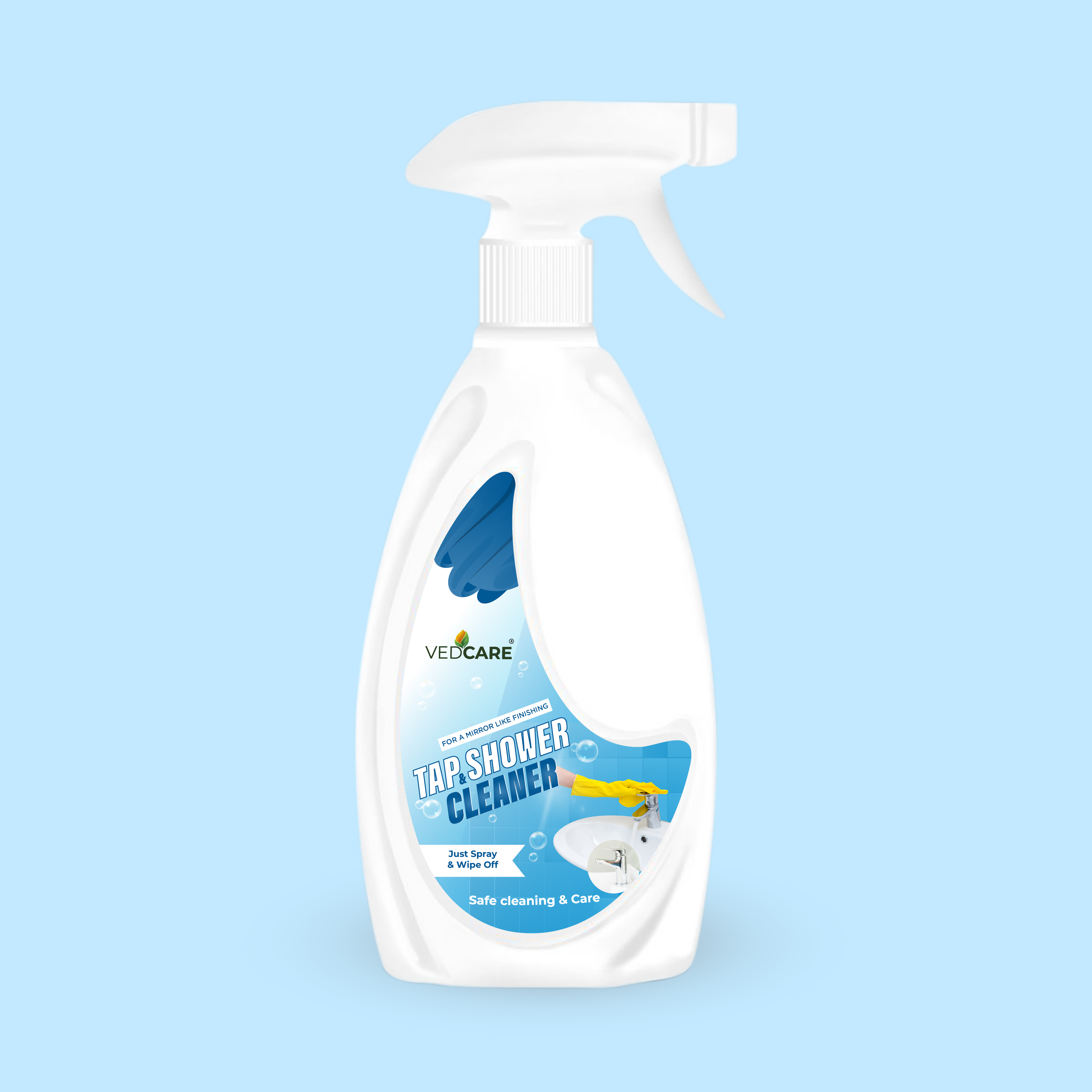 Spray bottle of Vedicare Tap & Shower Cleaner on a light blue background
