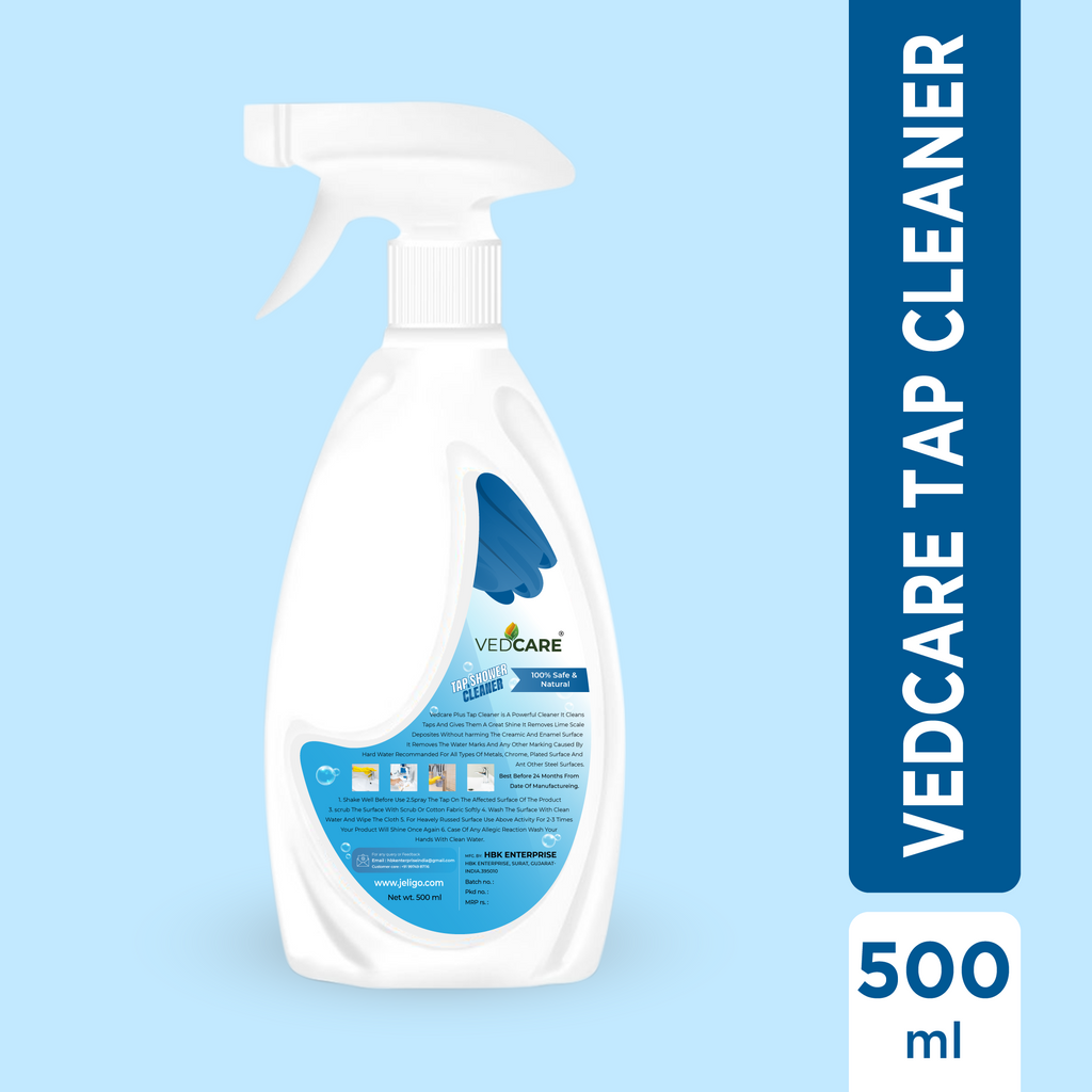 Vedcare tap cleaner bottle on a light blue background