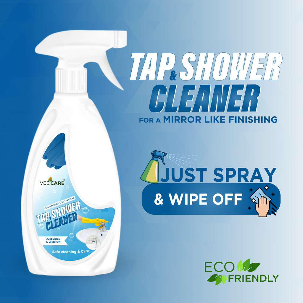 Spray bottle of tap and shower cleaner with text on a blue background