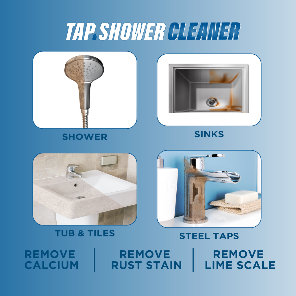 Advertisement for tap and shower cleaner showing before and after effects on various bathroom fixtures.