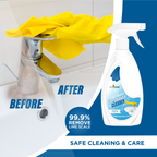 Tall image showing a before-and-after comparison of a shower head with a yellow glove, featuring a bottle of VeeCare Tar Shower Cleaner.