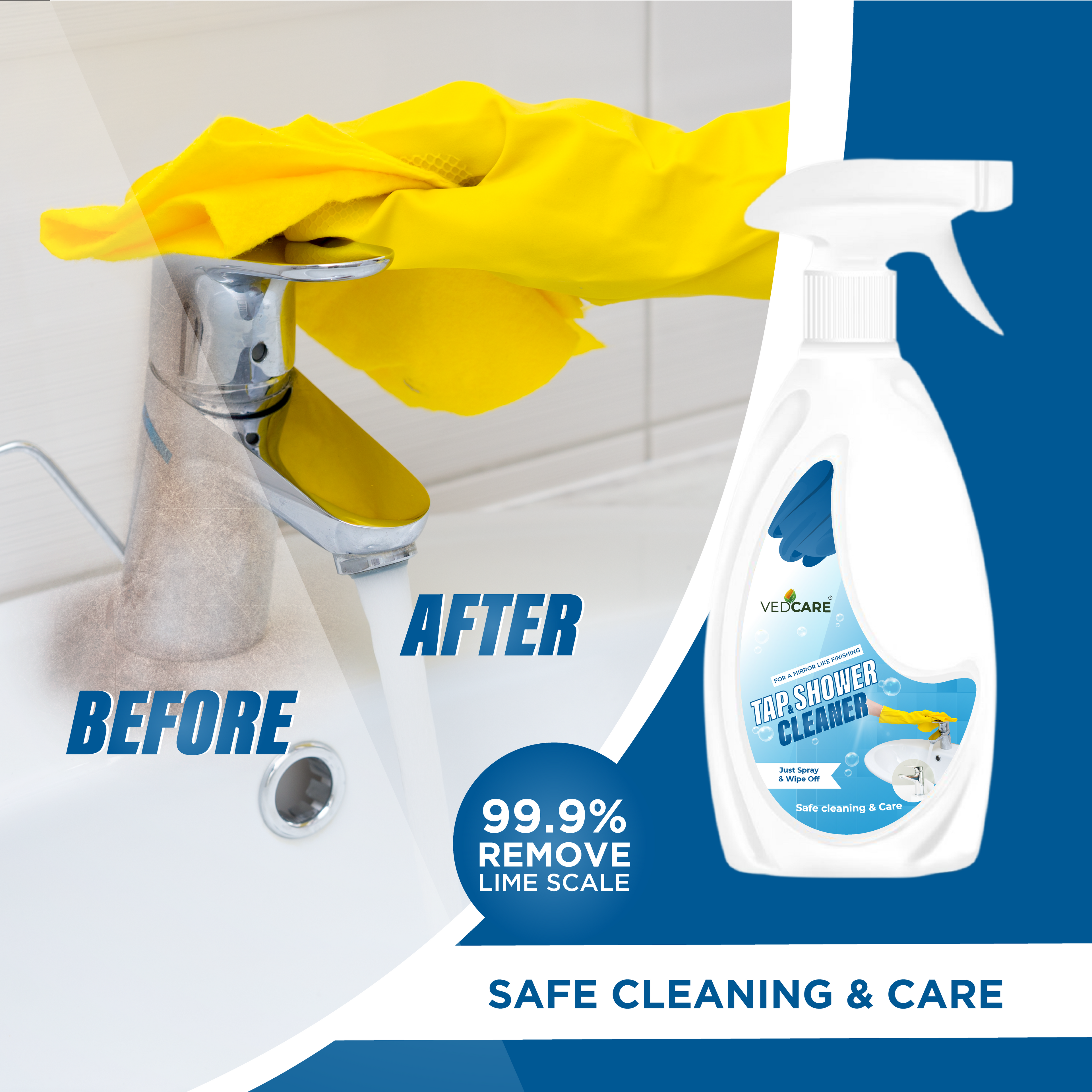 Tall image showing a before-and-after comparison of a shower head with a yellow glove, featuring a bottle of VeeCare Tar Shower Cleaner.