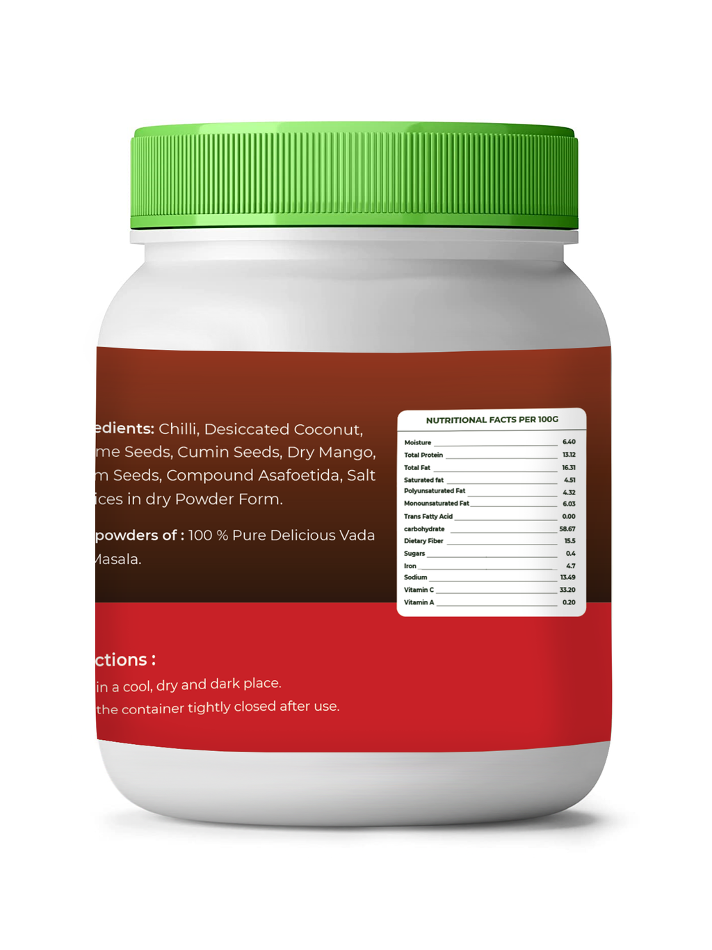 White container with a green lid and red label on a white background