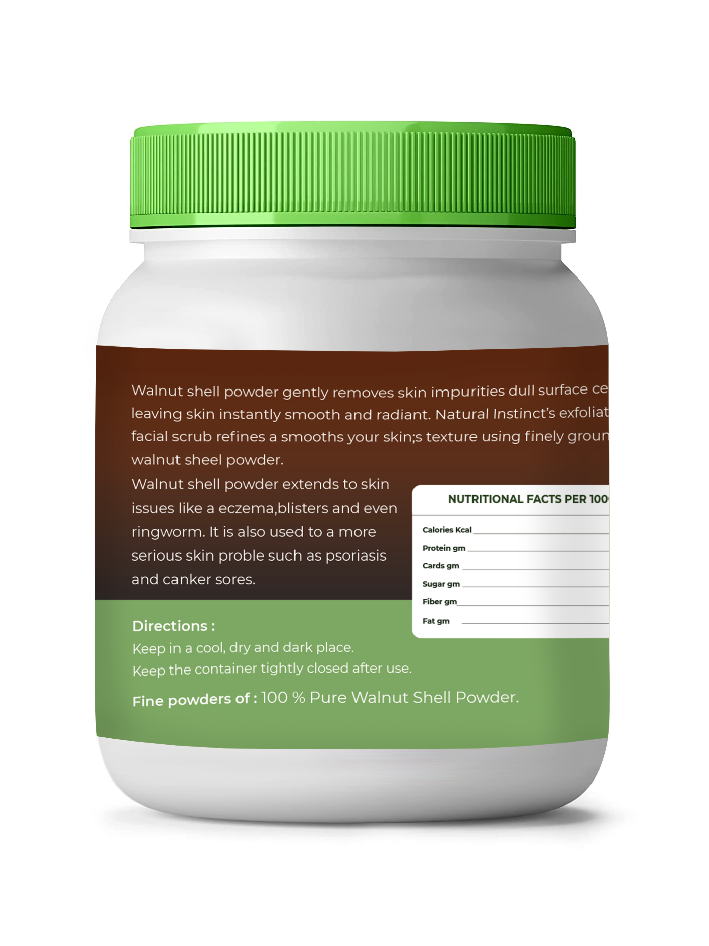Jar of walnut shell powder with green lid and label on a white background