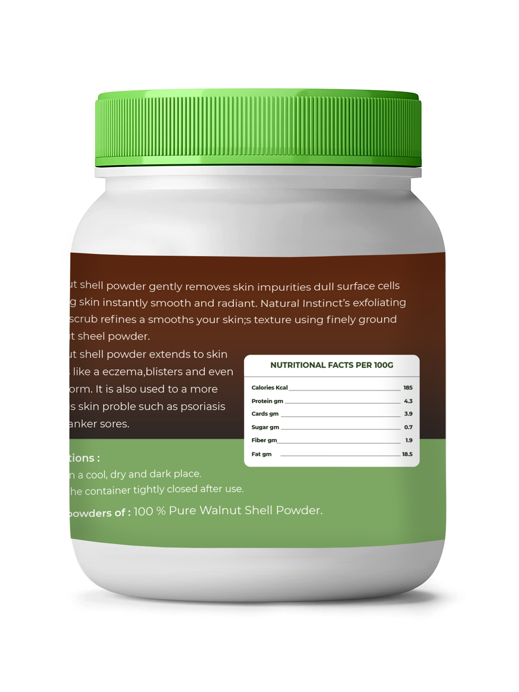 Container with green lid and label on a white background