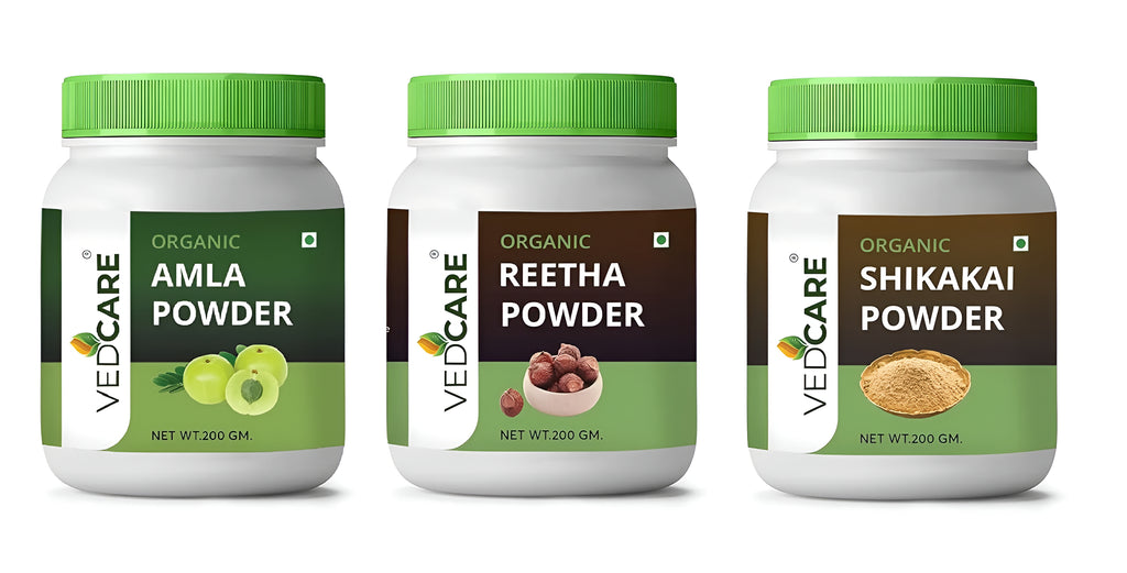 Three jars of Vedcare organic powders on a white background