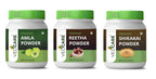 Three jars of Vedcare organic powders on a white background