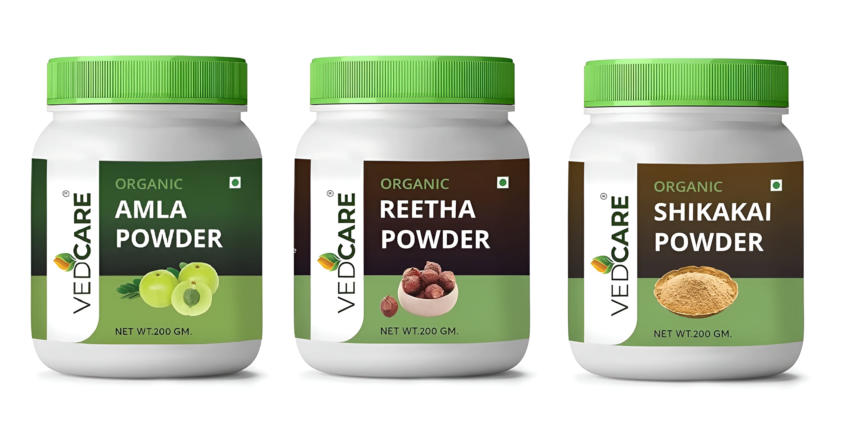 Three jars of Vedcare organic powders on a white background