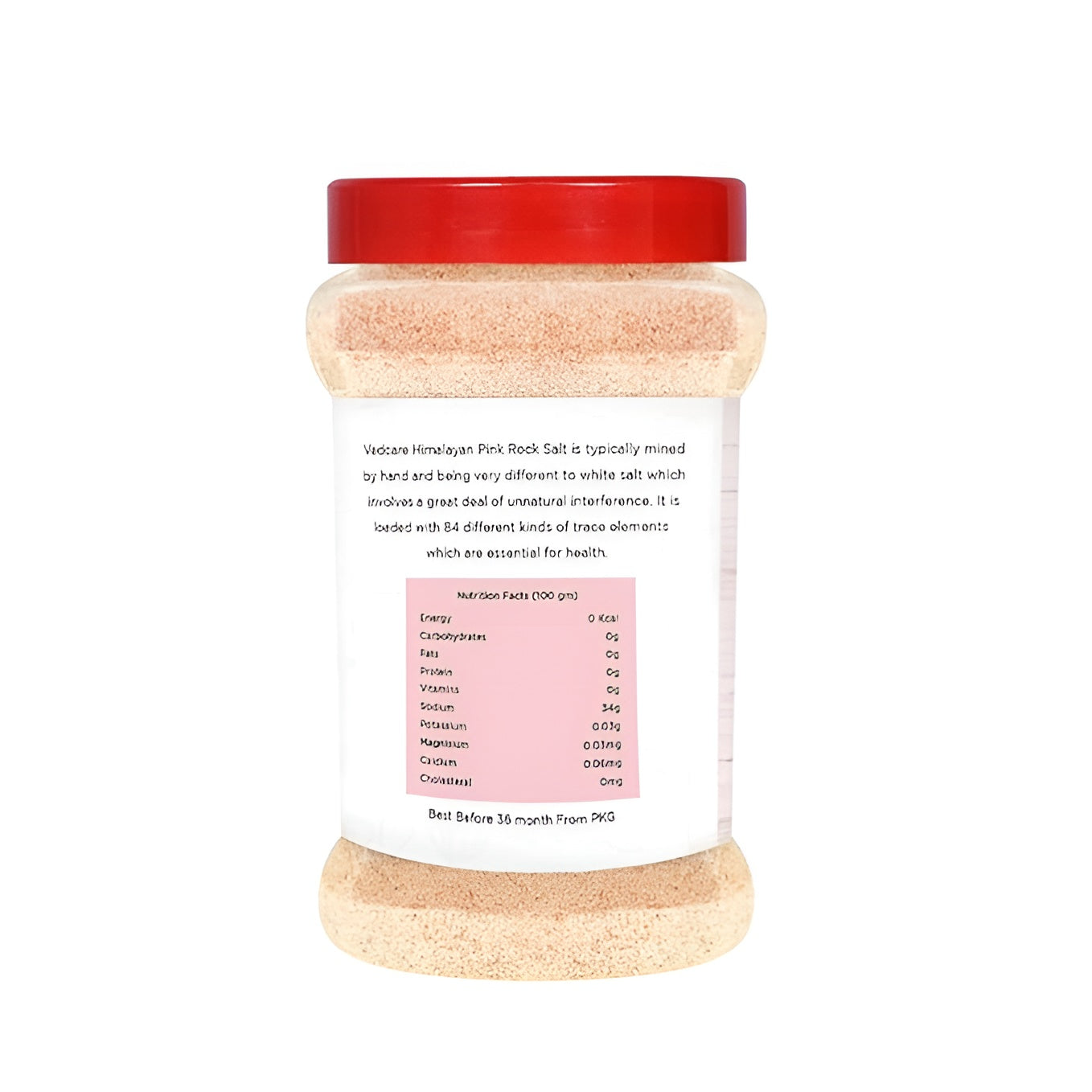 Container of pink rock salt with a red lid on a white background
