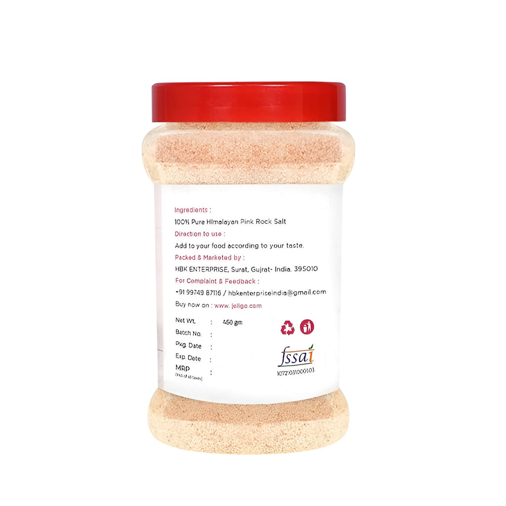 Jar of Himalayan Pink Rock Salt with a red lid on a white background