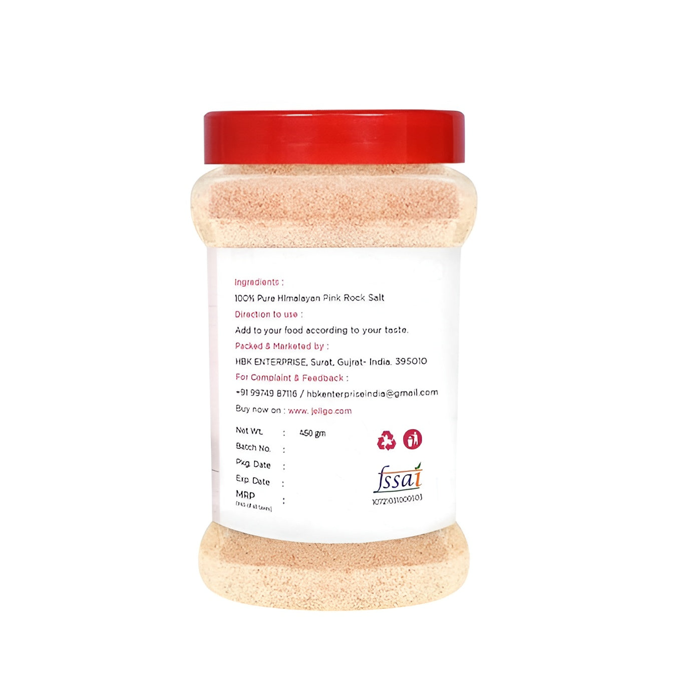 Jar of Himalayan Pink Rock Salt with a red lid on a white background