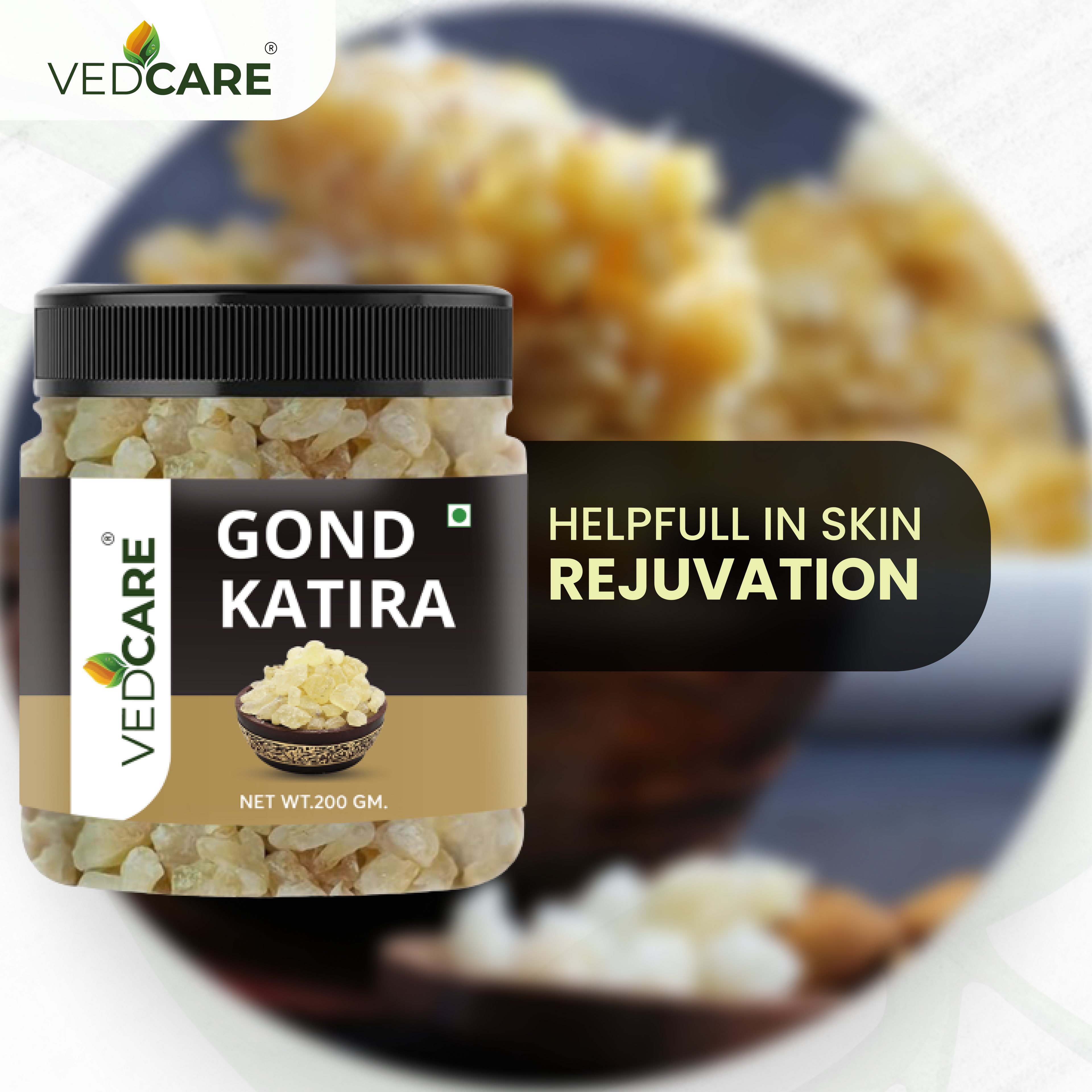Vedcare Gond Katira jar with text on skin rejuvenation against a blurred background